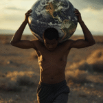 Homem cansado carregando o mundo nas costas, desejando o alívio de escolher o essencial.