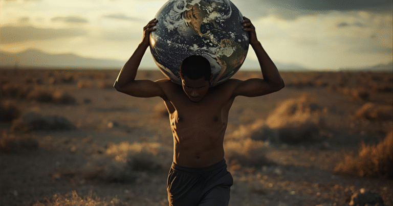 Homem cansado carregando o mundo nas costas, desejando o alívio de escolher o essencial.